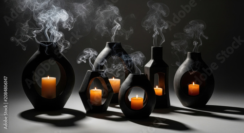 Atmospheric Candles Emitting Gentle Smoke In Decorative Vases
