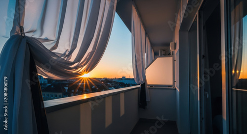 Beautiful Balcony Sunset View With Flowing Curtains Overlooking Cityscape