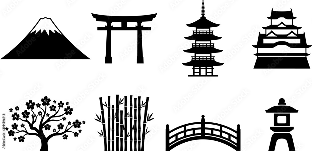 Naklejka premium Japanese Culture and Traditional Landmark Black Silhouette Icons Set Vector Collection