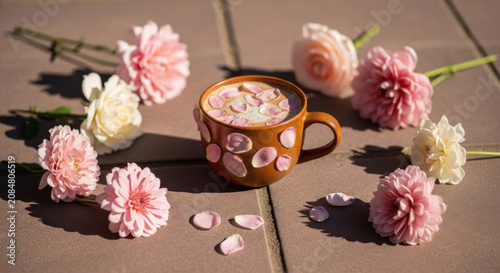Beautiful Coffee Cup Adorned With Delicate Pink Petals And Surrounded By Blooms Offering A Serene