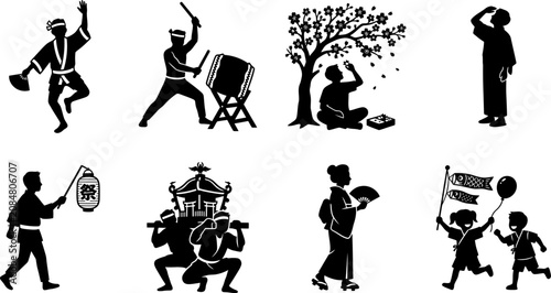 Traditional Japanese Festival Silhouette Icons with Taiko Drum Mikoshi Sakura and Cultural Activities Vector Set