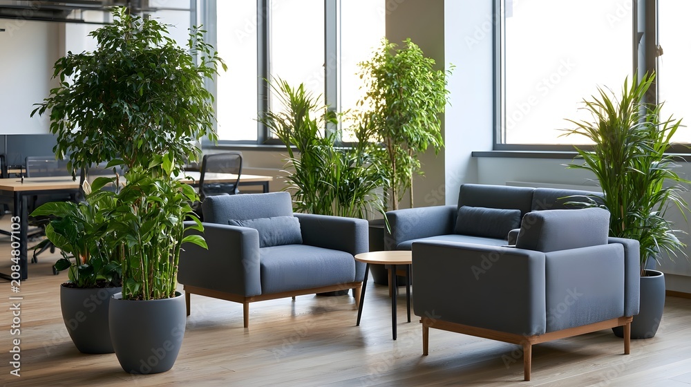 Fototapeta premium Modern office lounge area featuring gray upholstered chairs wooden tables and large potted plants under bright