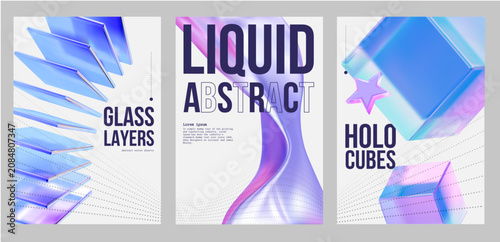 Modern vector poster template collection with holographic glass layers, liquid abstract shapes and holo cubes for business presentation, event advertising, technology promo and brand design
