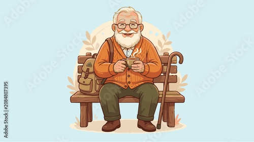 Tableau sur toile Cute Elderly Grandfather Holding a Steaming Cup of Tea in Warm Cozy Style Illust