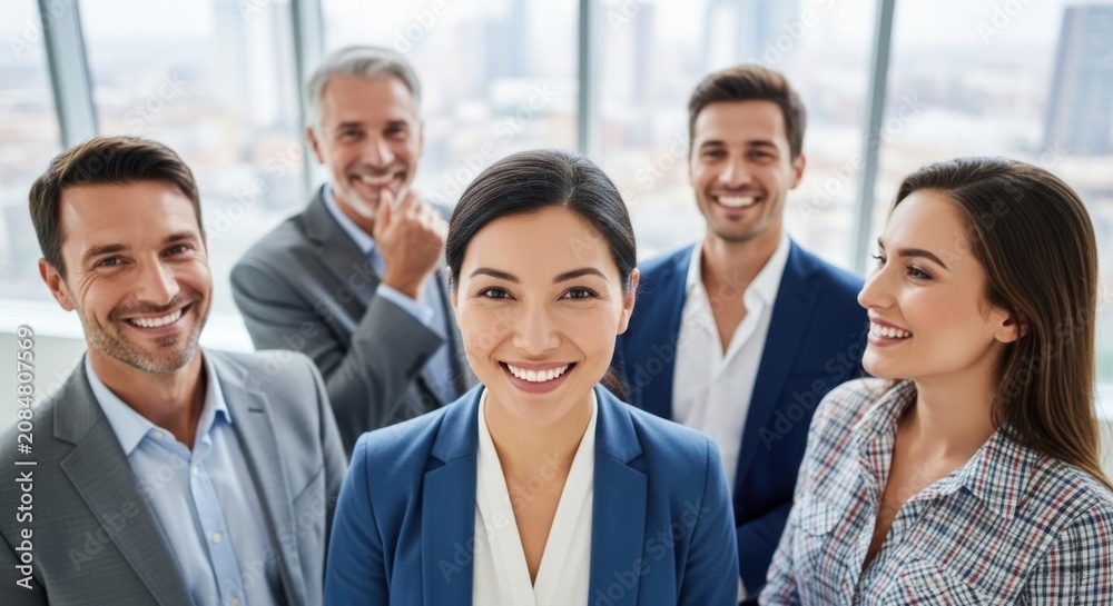 Fototapeta premium Diverse group of professional colleagues smiling together in a bright office environment