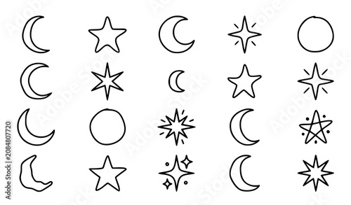 Minimal Moon and Star Outline Icon Collection for Night Sky Celestial Decorative Vector Design