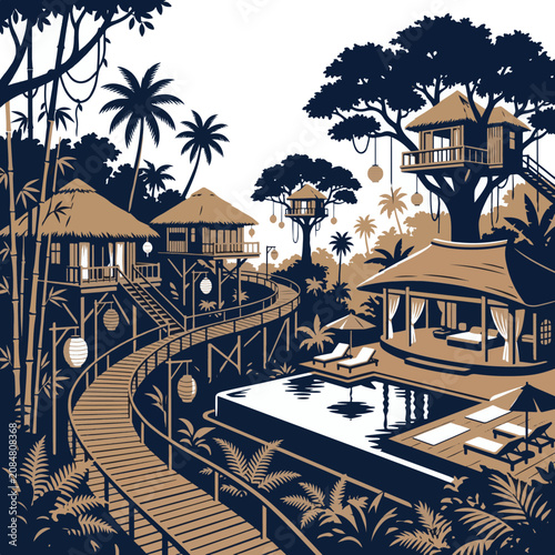 Luxury Jungle Eco Resort With Treehouse And Pool Vector Illustration