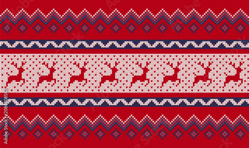 Christmas knit seamless pattern with reindeers. Xmas geometric texture. Knitted sweater background. Red print. Festive traditional border. Holiday fair isle ornament. Vector illustration