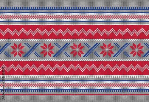 Christmas seamless texture. Traditional knitted sweater pattern. Blue and red geometric background with snowflakes. Xmas winter knit seamless print. Holiday wool pullover ornament. Festive crochet. Ve