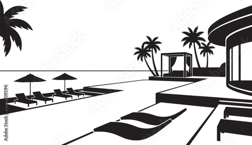 Luxury Seaside Resort Infinity Pool Beach Sunset Silhouette Vector
