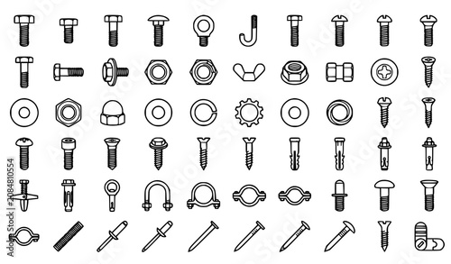 Photos Mechanical Fastener Outline Icon Collection Featuring Bolts Nuts Screws Washers