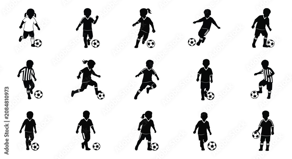 Fototapeta premium Soccer players with balls in dynamic poses black silhouette athlete