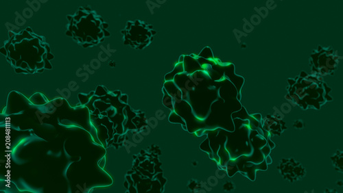 Green glowing microorganisms resemble dangerous viruses hovering in a dark space. The illustration visualizes a hidden microcosm filled with energy, danger, and technological associations.