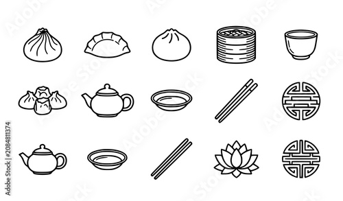 Foto Asian Dim Sum Outline Icon Collection Featuring Dumplings Tea Chopsticks Buns an