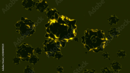 Dark, glowing microorganisms resemble dangerous viruses hovering in a dark space. The illustration visualizes a hidden microworld filled with energy, danger, and technological associations.