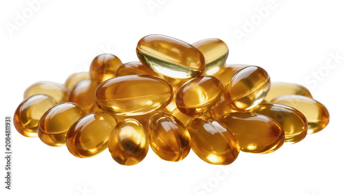 Isolated stack of transparent golden softgel capsules, essential health and nutrition supplements
