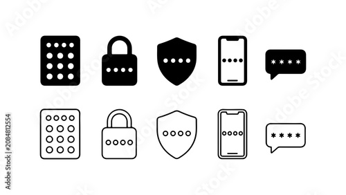 Foto Security Password PIN Code Icon Set in Solid Silhouette and Outline Style