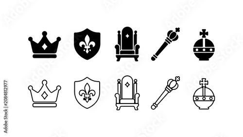 Quadro su tela Royal Regalia Icon Set in Solid Silhouette and Linear Outline Style