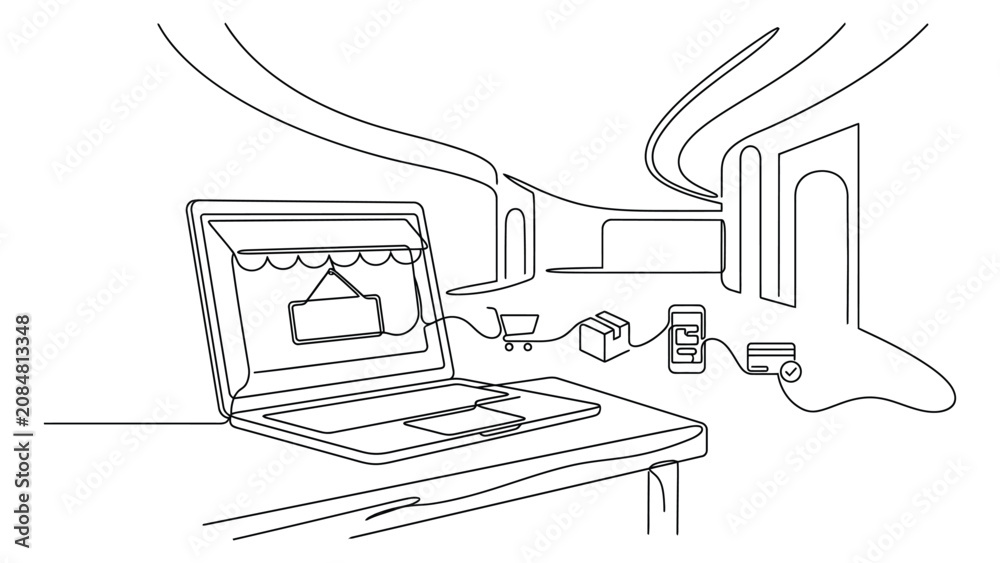Fototapeta premium Continuous line drawing of online shopping concept with laptop and delivery icons