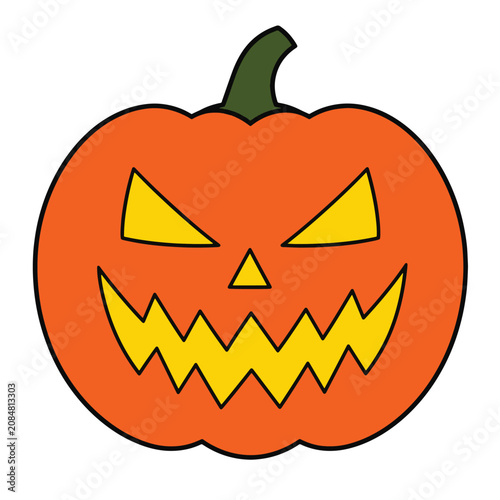 Orange halloween pumpkin jack o lantern with spooky carved face and green stem