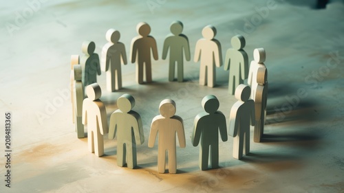 Wooden figurines of people standing in a circle representing teamwork and community