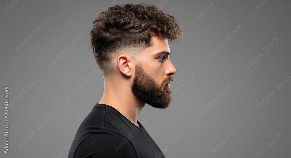 Obraz premium Profile side view of a handsome young man with a modern faded haircut and a thick beard against a solid grey background
