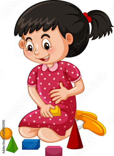 Cute Cartoon Girl in Pink Polka Dot Dress Playing with Blocks — Adorable Creative Kid Character Illustration on Transparent Background