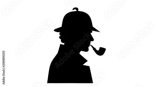 Canvastavla Isolated silhouette of a classic detective wearing a deerstalker hat and smoking a pipe