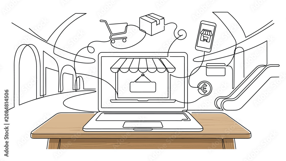Fototapeta premium Online shopping concept with laptop and e-commerce icons in continuous line drawing style