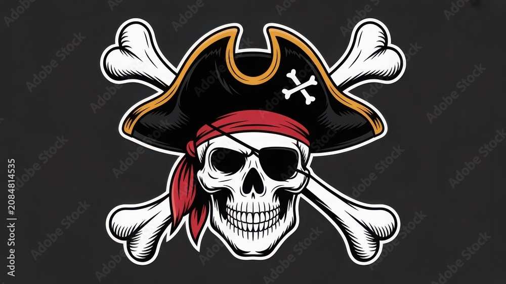Fototapeta premium Pirate skull mascot wearing a tricorn hat and eye patch with crossbones on a dark background
