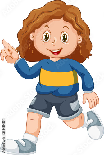 Cute Cartoon Girl Walking and Pointing Finger — Adorable Active Cheerful Kid Character Illustration on Transparent Background