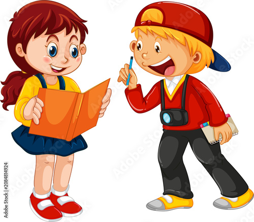 Cute Cartoon Boy and Girl Reading and Sharing Book Together — Adorable Friends Kids Education Illustration on Transparent Background