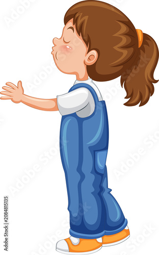 Cute Cartoon Girl Standing and Waving in Blue Outfit — Adorable Friendly Kid Character Illustration on Transparent Background