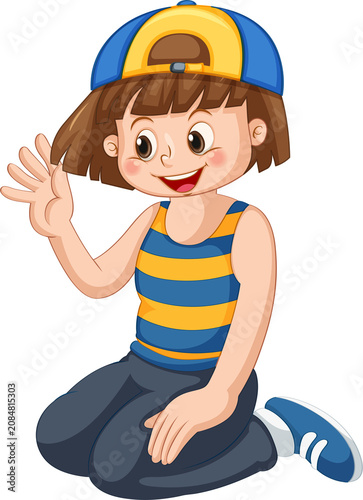 Cute Cartoon Girl Sitting and Waving in Striped Shirt — Adorable Sweet Kid Character Illustration on Transparent Background