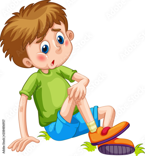 Cute Cartoon Sad Boy Sitting on Ground Crying — Adorable Emotional Upset Kid Character Illustration on Transparent Background