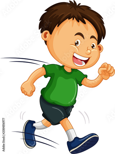 Cute Cartoon Boy Running in Green Shirt — Adorable Active Energetic Kid Character Illustration on Transparent Background