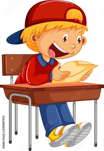 Cute Cartoon Boy Sitting at School Desk Laughing — Adorable Happy Student Kid Character Illustration on Transparent Background