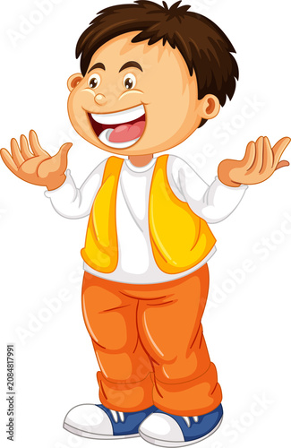 Cute Cartoon Cheerful Boy in Orange Vest Waving — Adorable Happy Smiling Kid Character Illustration on Transparent Background