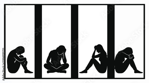 Photos Minimalist vector illustration featuring four depressed women sitting alone in i