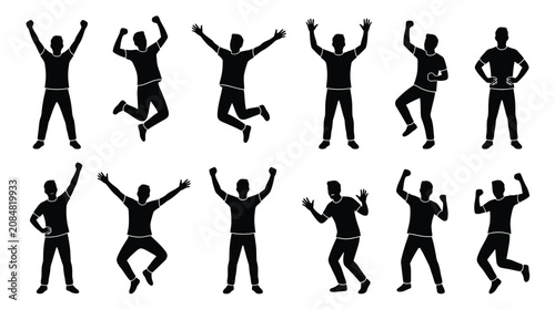 Canvastavla A set of black vector silhouettes featuring various men expressing joy in a flat