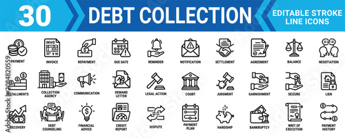 Quadro su tela Set of 30 debt collection line icons for finance management payment invoice and legal money recovery Minimal stroke liner icon set bundle collection