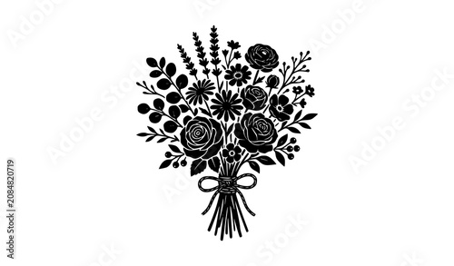 Black Floral Bouquet Silhouette Vector with Wild Flowers, Leaves and Botanical Elements Isolated on White Background