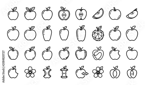 Hand Drawn Apple Fruit Outline Icon Collection with Whole, Half and Sliced Apples Vector Set