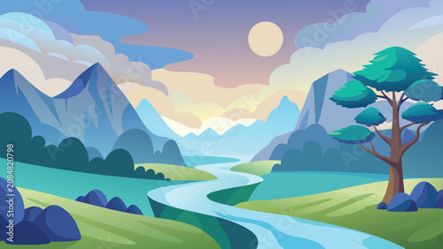 Schilderij op canvas Serene river flowing through stylized mountains with a lone tree during a pastel