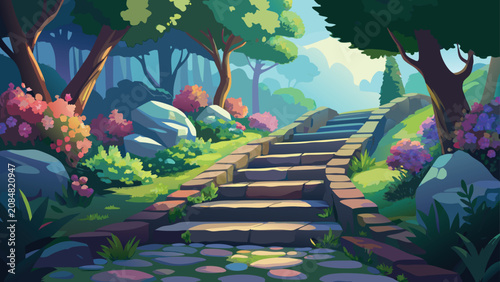 Stone Stairway in lush garden during sunrise with blooming flowers and trees vector illustration