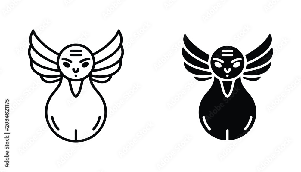Obraz premium Winged deity vector icon isolated on white Black and white outline line art and solid glyph silhouette