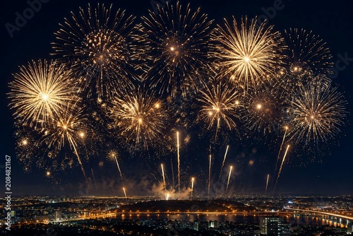 Golden Fireworks Display Over Illuminated City Skyline at Night – Festive Celebration Background