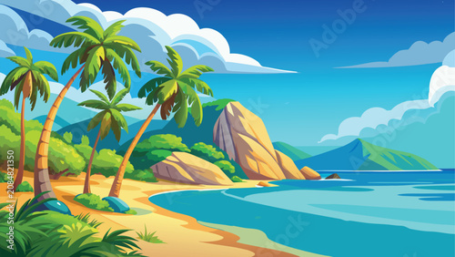 Canvastavla Tropical beach landscape with palm trees during sunny daytime Vector Illustratio