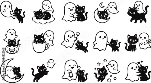 Photos Black cat and ghost stickers for halloween