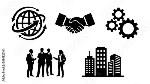 Business icons featuring globe handshake gears and corporate skyline